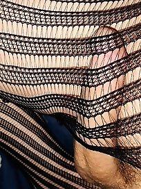 Big pantyhose-covered cock with pre-cum and cum drips.